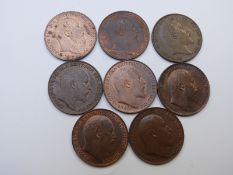 Eight Edward VII pennies, EF+/near unc with lustre, earliest 1902, latest 1910