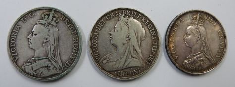 1895 veiled head Victorian crown, an 1891 Jubilee example and an 1889 double florin, various