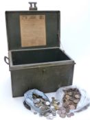 Thomas Milnes & Co deed box and a quantity of UK coinage, Victoria onwards