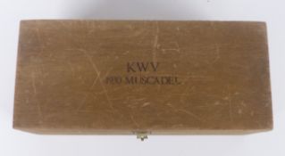 Four vintage wooden wine boxes/cases including 1930 Muscadel box, Wakefield St Andrews 2001 and 2000