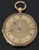 An 18ct gold open faced pocket watch with black Roman numerals, blued hands, engraved self-