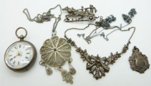A silver fob watch, filigree necklace, silver and marcasite necklace and brooch etc