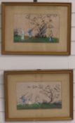 A pair of early 19thC / early 20thC Chinese watercolours on silk of a boys firing at birds in a