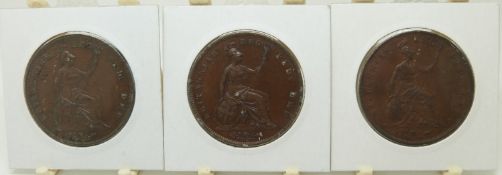 1841 Victorian copper penny, no colon after reg, VF-EF together with two further examples 1845 and