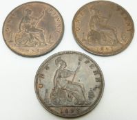 1884 Victorian later young bust bronze penny, OT TB, some lustre, VF+ together with an 1891