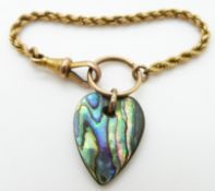 A yellow metal rope twist bracelet / fob marked 12ct with an abalone heart charm