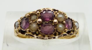 Victorian 15ct gold ring set with garnets and seed pearls, Birmingham 1873, size N