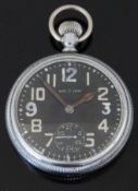 Waltham military issue open faced keyless winding pocket watch with black face, Arabic numerals,