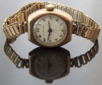 Walker & Hall 9ct gold ladies wristwatch with blued Breguet hands, black Arabic numerals, silver