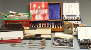 A large quantity of cased and loose plated cutlery, empty cases including Elkington and Viners, some