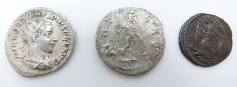 Two Roman silver coins featuring figures reverse, both approximately 2.3cm diameter, one believed