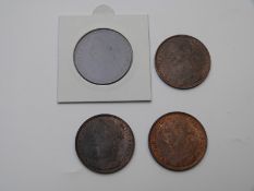 1886, 1887, 1888 and 1889 Victorian bronze pennies, EF or NEF, three with lustre, one darker tone, 4