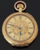 An 18ct gold keyless winding open faced ladies fob watch with enamelled decoration of birds and