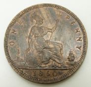 1860 Victorian young head bronze penny, TB, signature on cape obverse, LCW under shield reverse,