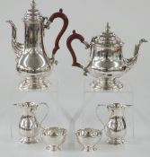 Modern Elizabeth II hallmarked silver six piece tea and coffee set comprising teapot, coffee pot,