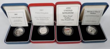 Four silver proof Piedfort one pound coins issued by the Royal Mint, comprising 1999, 2002, 2006 and