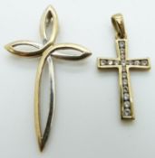 A 9ct gold stylised cross and a 9ct gold cross pendant set with cubic zirconia, 3.4g