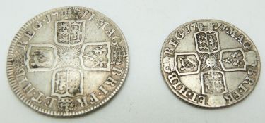1711 Queen Anne shilling, fourth bust, plain angles, NVF together with a 1711 sixpence, GF