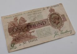 Great Britain one pound treasury note, John Bradbury George V No. 184073