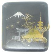 Japanese inlaid cigarette case with decoration of mount Fuji, birds etc, 8.5 x 8cm
