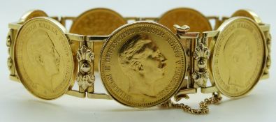 A 14ct gold bracelet of seven German 20 mark gold coins, 81.5g