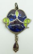 A hallmarked silver pendant set with green, purple and blue enamel, by James Fenton, Birmingham