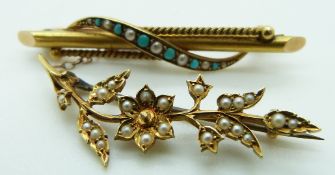 A 15ct gold brooch set with seed pearls and turquoise and a 15ct gold brooch set with seed pearls,