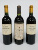 Three bottles of French red Bordeaux wine, one Chateau Talbot 1983 and two Connétable Talbot 1999,
