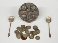 Cased hallmarked silver St Dunstan medal, pair of spoons marked 925, weight of three items 161g, a