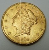1904 USA Liberty head twenty dollar gold coin, San Francisco Mint, 33.4g