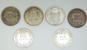 Six Victorian veiled head sixpences 1893, 1894, 1896, 1897, 1899 and 1900, most VF-GVF