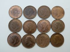Twelve George V pennies, various years, 1913, 1919, 1921, 1927, all EF and with varying degrees of