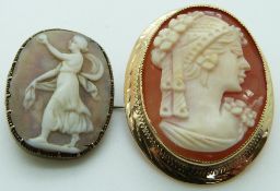 Victorian brooch set with a shell cameo depicting a lady and a 9ct gold brooch set with a shell