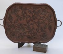 Carved wooden tray with Mappin and Webb Princes' plate handles together with an oriental box, tray