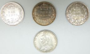 Four Victorian Jubilee head sixpences 1887, 1889, 1890 and 1891 VF-EF