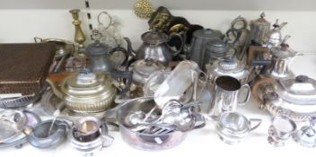 A large quantity of silver plate including tray, teaware, pewter, cutlery and desk set