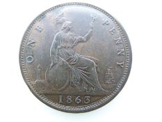 Victorian 1863 bronze young head penny, OT TB EF+