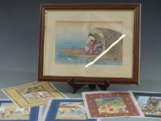 Japanese woodblock of a female figure on a boat, together with Indian watercolours and prints,