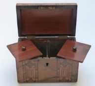 A 19thC walnut Tunbridgeware dome topped two division tea caddy, H 14cm x W x 18cm D 11cm