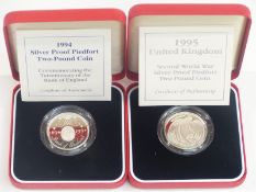 Two cased silver proof Piedfort £2 coins 1994 and 1995