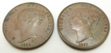 1857 Victorian copper penny, PT, close colon, smaller date, NEF together with an 1859 OT far colon