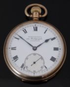Winegarten's 9ct gold keyless winding open faced open faced pocket watch with inset subsidiary