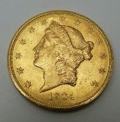 1904 USA Liberty head twenty dollar gold coin, 33.4g