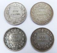 Four young head Victorian sixpences for 1878, die numbers 18, 23, 20, 35, F-NVF