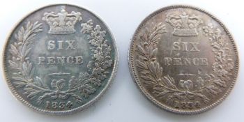 William IV 1834 sixpence VF but with scratch near jawline, together with a further 1834 example VF