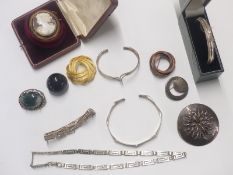 Silver Greek key necklace and bracelet, silver bangle marked Norway RH, large silver brooch,