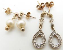 A pair of 9ct gold earrings set with diamonds and a pair of 9ct gold earrings set with pearls