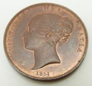 1851 Victorian copper penny OT, far colon, unc with lustre