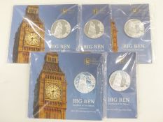 Five Royal Mint 2015 Big Ben £100 fine silver coins, in original packaging