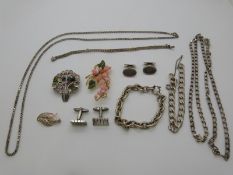 Two silver chains/ necklaces, three silver bracelets, two pairs of silver cufflinks, three